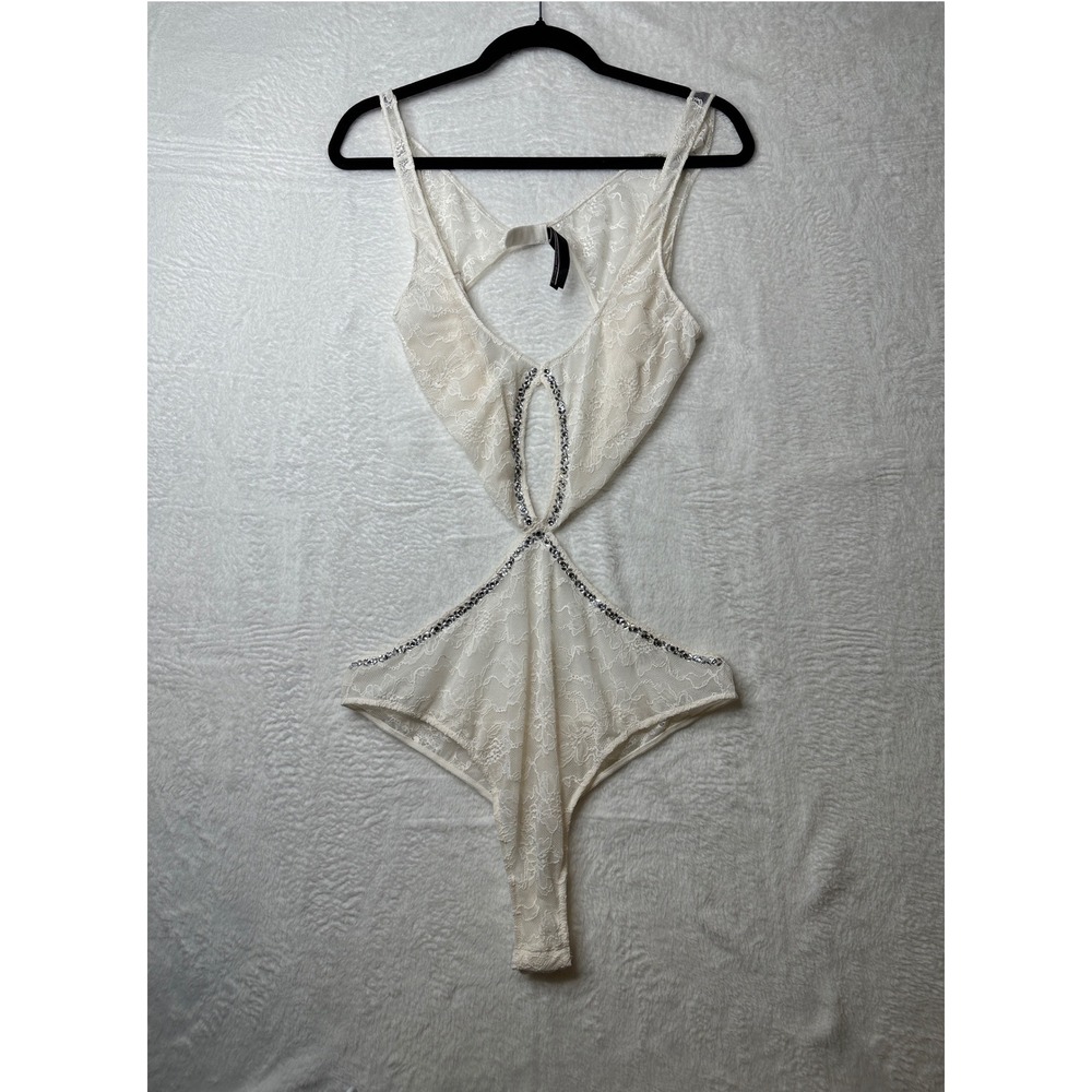 Victoria's Secret Teddy Women XXL Light Pink Lace Rhinestone Cutout Bodysuit